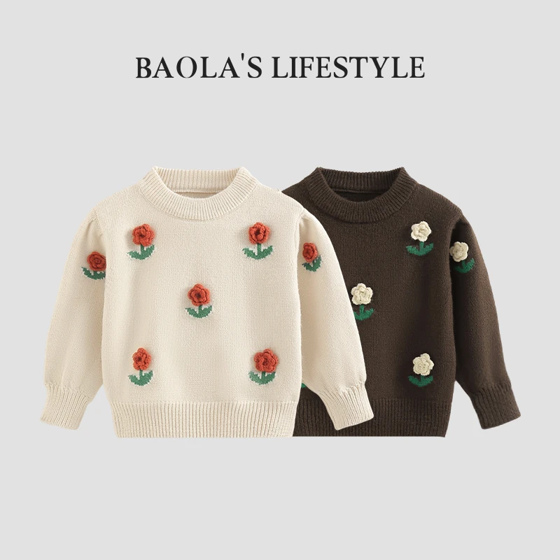 【新品】韩系复古秋冬款拼接小花洋气刺绣圆领套头毛衣-HQ629