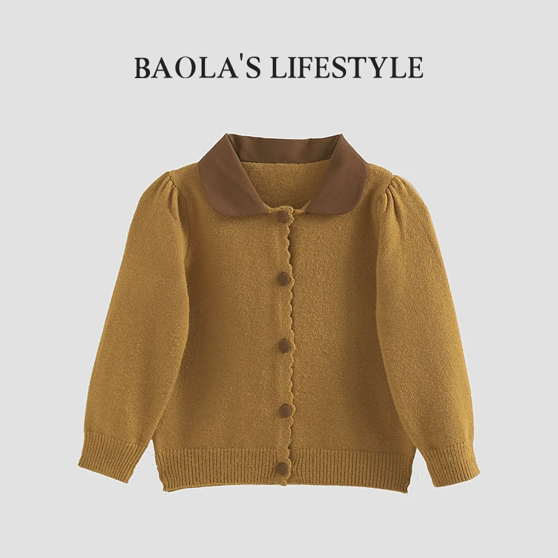 枫叶栗棕【高定】韩系复古秋季女童拼接领子针织毛衣开衫-HQ220