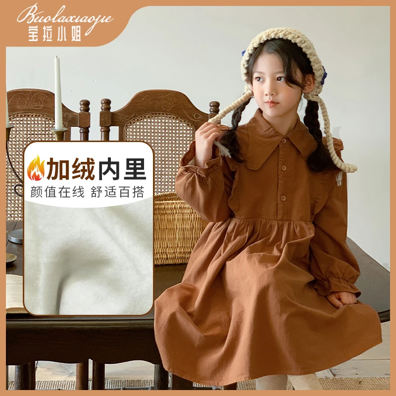 墨烟云【防寒】韩系复古秋冬款女童加绒花边连衣裙-D5786