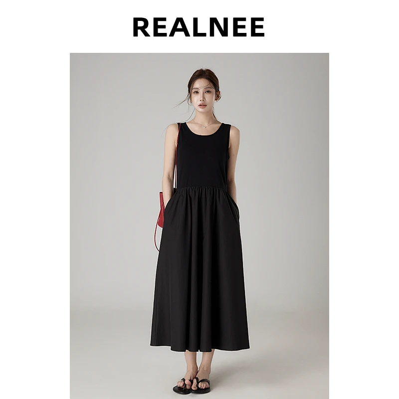 【波米西亚】进口棉+T丝”极简拼接无袖背心纯色连衣裙RLMMP4LQ05019