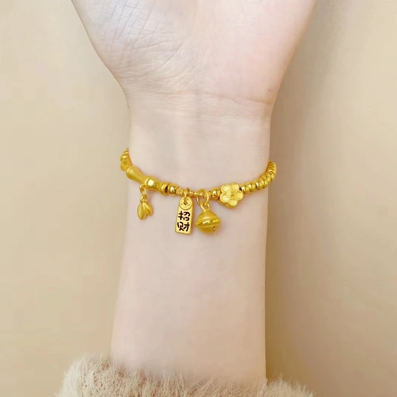 桃花黄金手链女999足金福牌铃铛小金珠转运珠手串2025年生日礼物