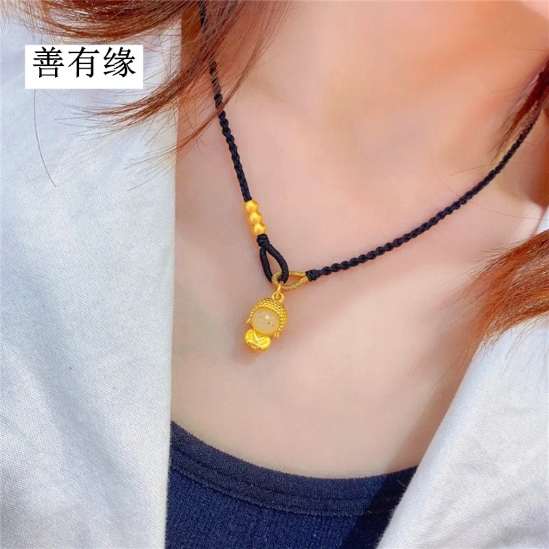小萌佛黄金吊坠女款 999足金弥勒金镶和田玉项链送女友生日礼物