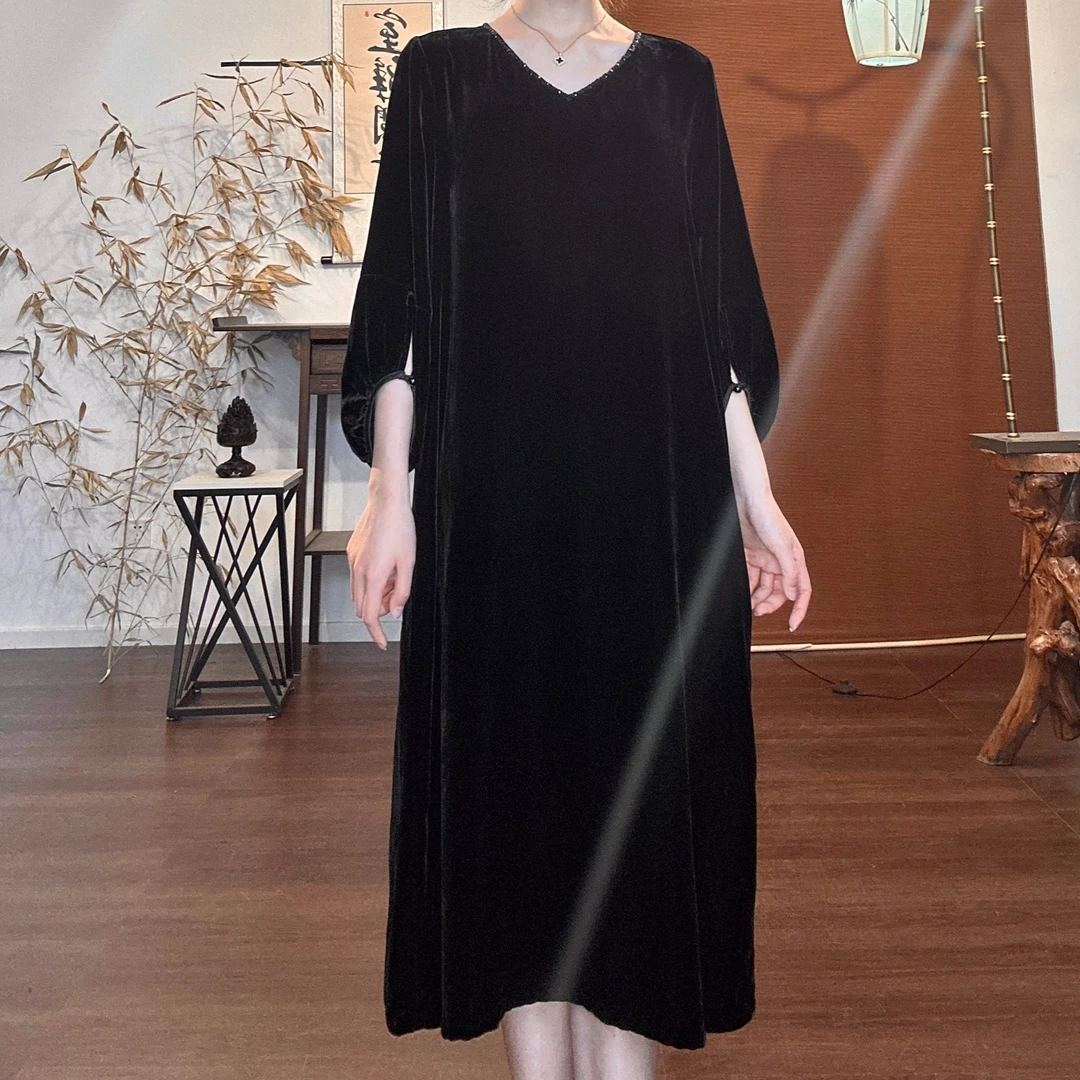 【墨玉流光】8828桑蚕丝真丝秋季新款复古优雅设计师长款黑色连衣裙