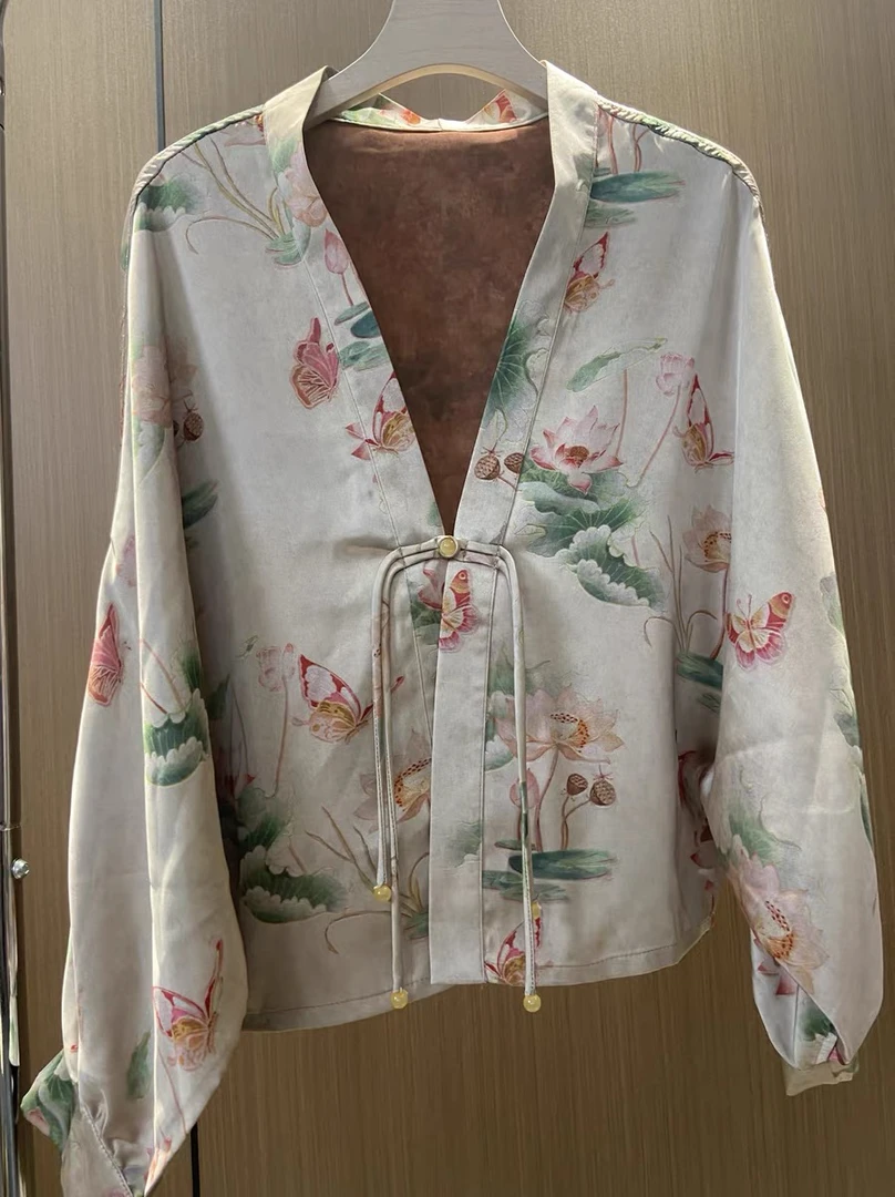 「荷花披风」落肩上衣国风长袖v领上衣新中式开衫外套