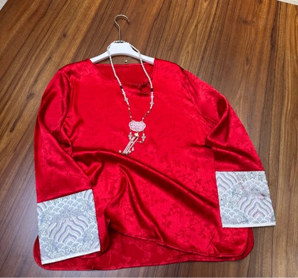 「锦鲤」新中式国风长袖春秋提花衬衣复古百搭打底衫