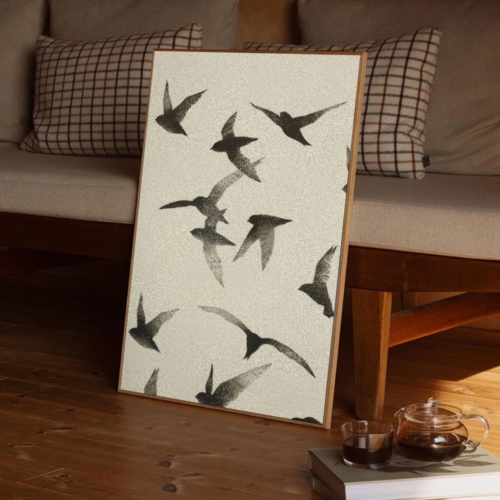 侘寂风黑白中古风油画飞鸟燕子小众文艺装饰画艺术高级感壁画挂画