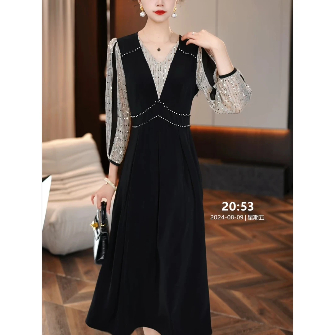 高级新气质七分袖连衣裙女2024春秋新款女士时尚显瘦减龄高档裙子