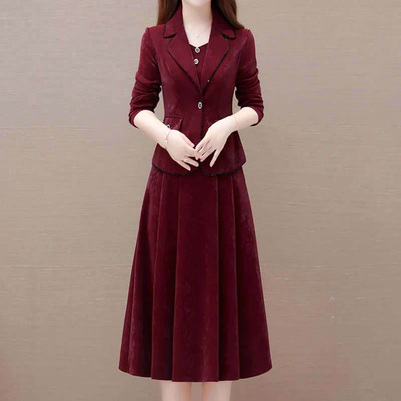 春秋两件套连衣裙女2023新款秋季高档妈妈显瘦小西装时尚套装裙子