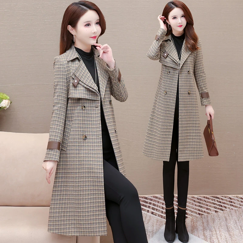 气质西装领风衣外套女2023新款秋季妈妈收腰显瘦长款高端格子大衣