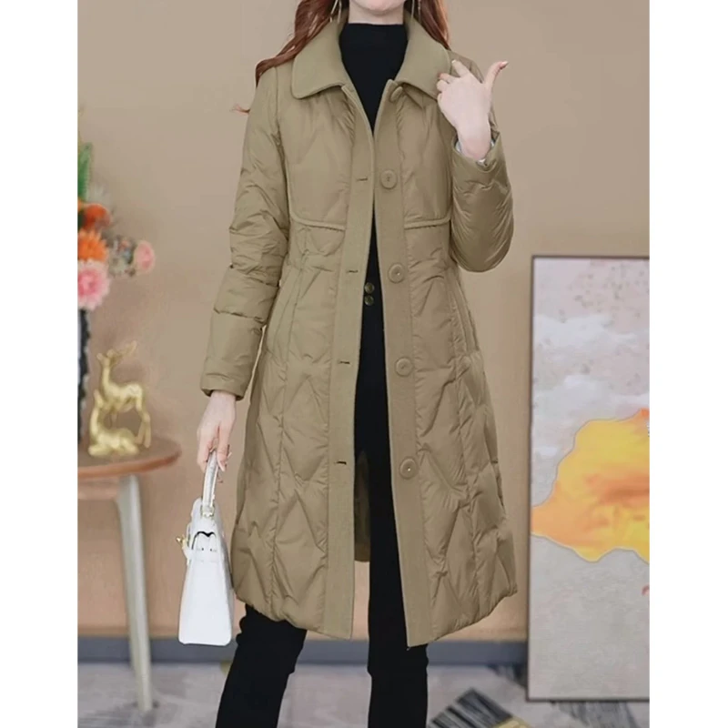 芊美瑞毛呢拼接保暖羽绒服2023新款冬季中长款女士翻领白鸭绒羽绒