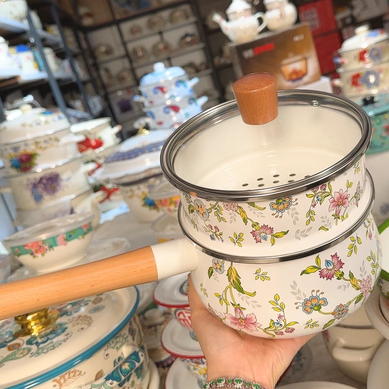 16cm2L单柄奶锅单层蒸屉搪瓷奶锅汤锅辅食锅【春意盎然】