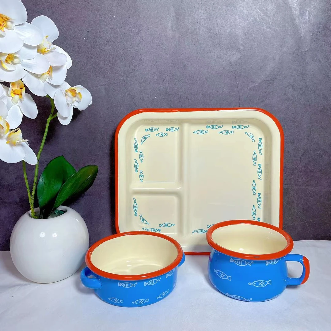 小鱼系列 珐琅搪瓷口杯碗碟牛排分餐盘儿童辅食盘