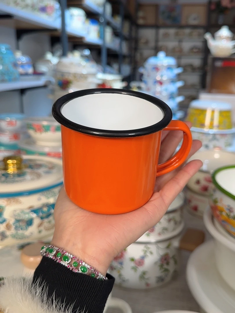 300ml搪瓷牛奶杯喝水杯卷口特厚橙色