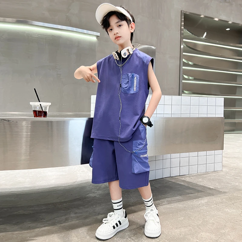 男童夏装背心套装新款中大儿童酷帅时髦两件套【奇斯熊6】BF496