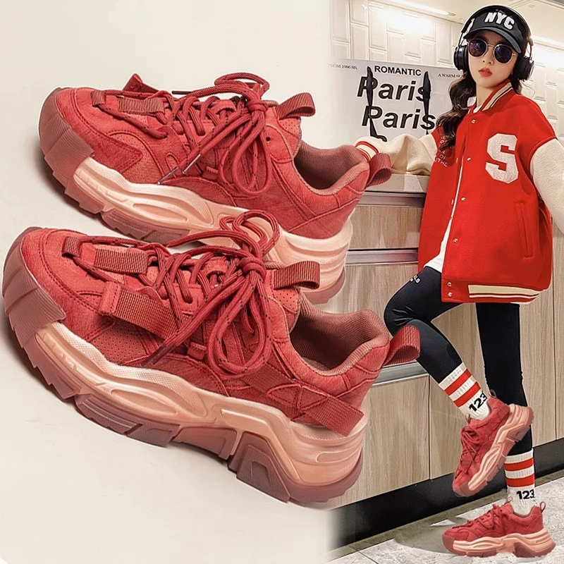 女童运动鞋2025秋冬新款中大童本命年红色老爹鞋儿童时尚防滑鞋子