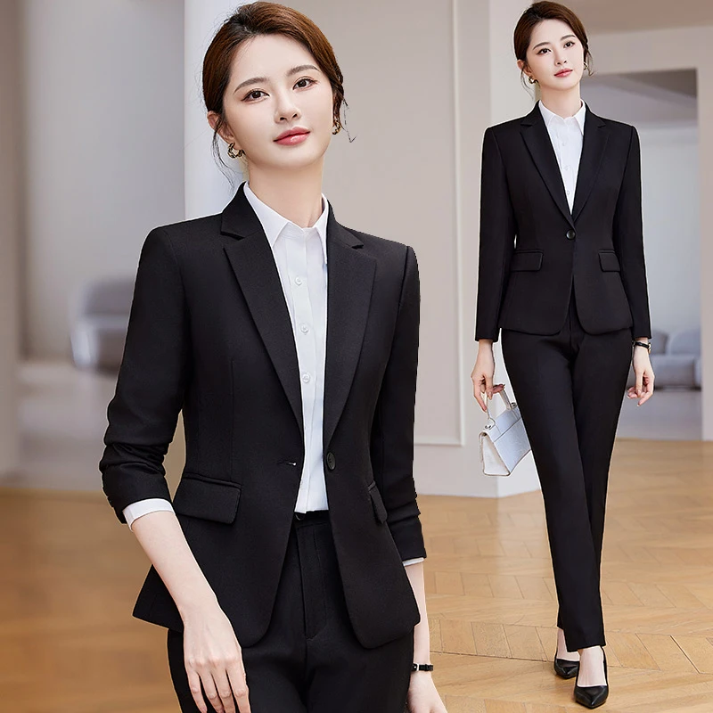 黑色西装外套女秋2024新款正装套装大学生面试职业装酒店上班西服