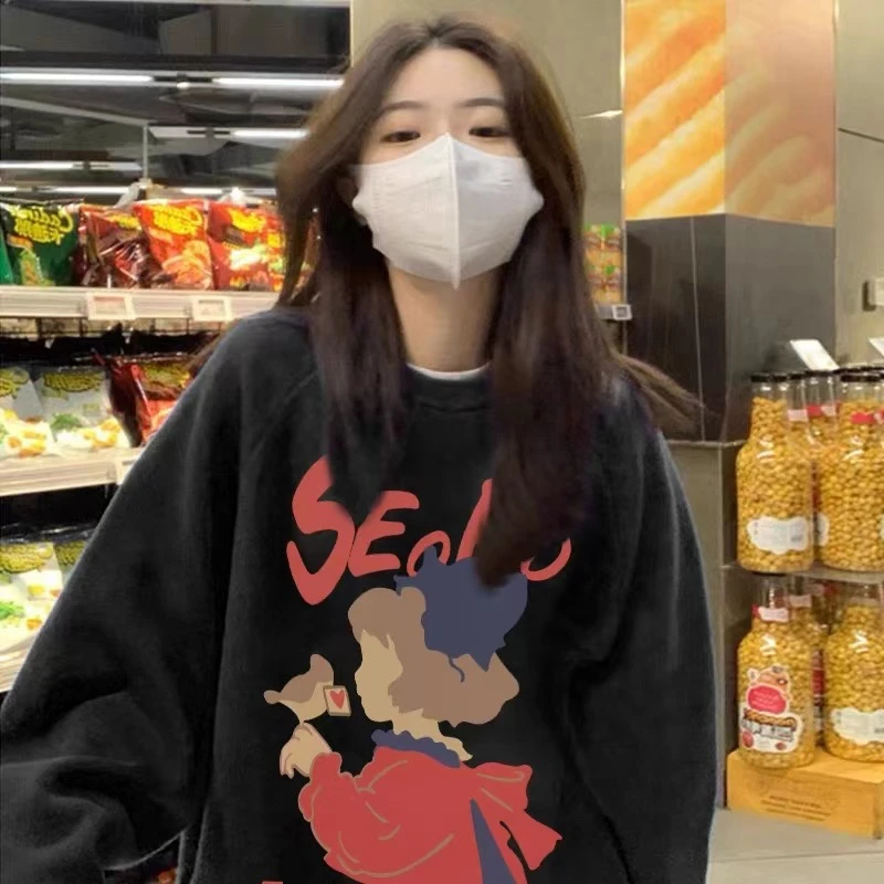 卫衣女2022新款爆款学生无帽圆领宽松版小个子上衣加绒加厚ins风