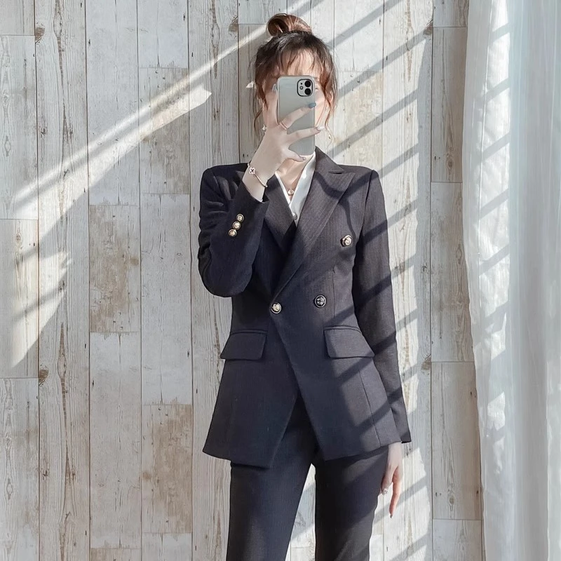 职业条纹西装套装女时尚气质白领干练通勤条纹西服秋冬高档工作服