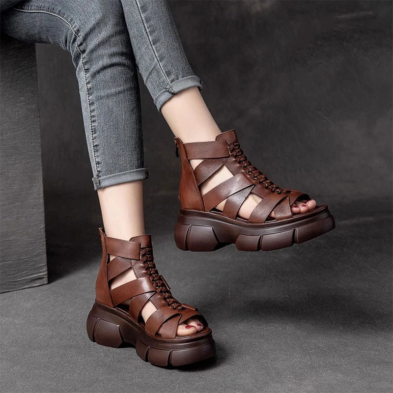 增高复古凉靴女2025夏季新款时尚百搭编织鱼嘴松糕厚底罗马凉鞋女