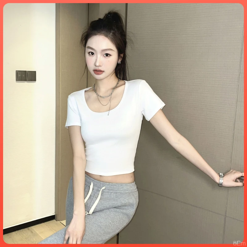 百搭白色圆领t恤内搭2024新款上衣正肩气质韩版小个子短袖女纯色
