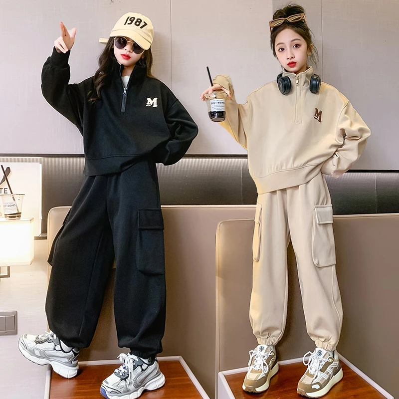 女童秋装套装2023新款女孩儿童加绒加厚中大童秋冬运动卫衣两件套