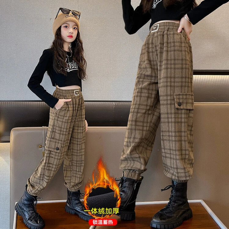 女童加绒裤子2023新款秋冬韩版洋气大童开始一体绒休闲裤冬装儿童