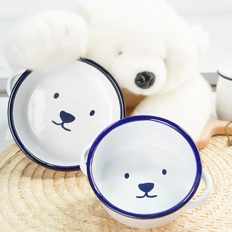 肥龙日式卡通兔家用双耳搪瓷碗餐具儿童宝宝饭碗迷你含把手辅食碗