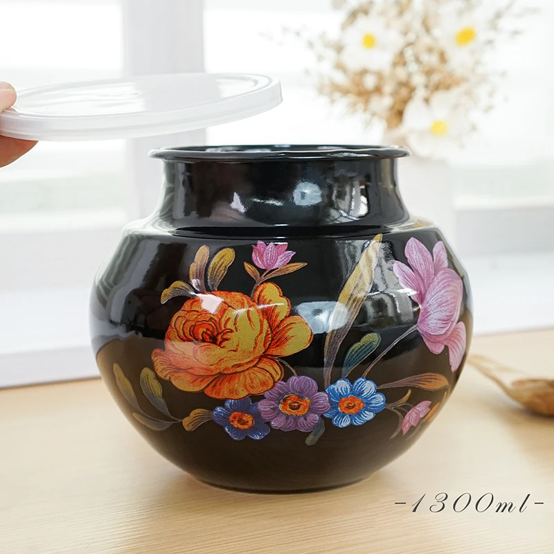 肥龙珐琅搪瓷美式花卉家用创意黑色卷边花瓶储物瓶圆形密封罐