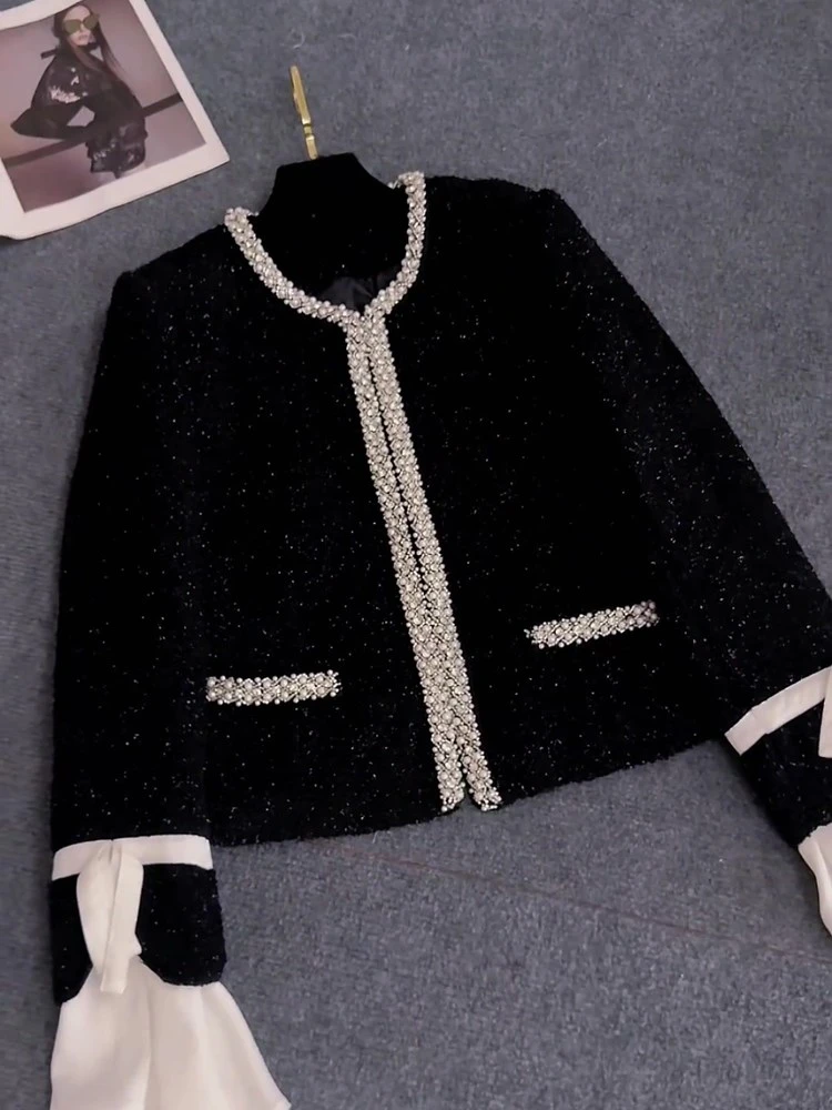 韩剧女主穿搭小香风黑色气质名媛千金风长袖圆领亮闪闪外套2024年