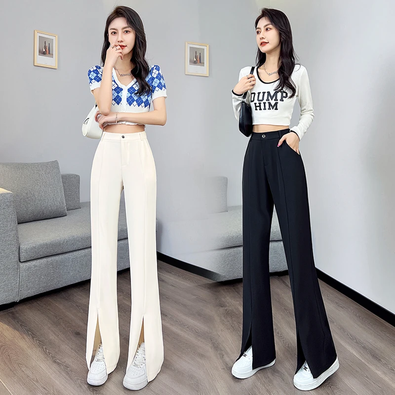 开叉阔腿裤女春秋高腰显瘦垂感白色拖地裤宽松休闲黑色直筒西裤子