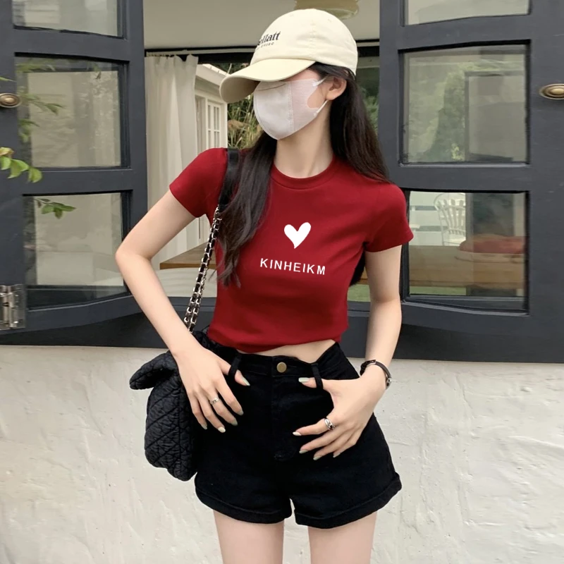 极简风短款打底衫小众印花T恤修身夏季吸汗短袖ins百搭圆领时尚