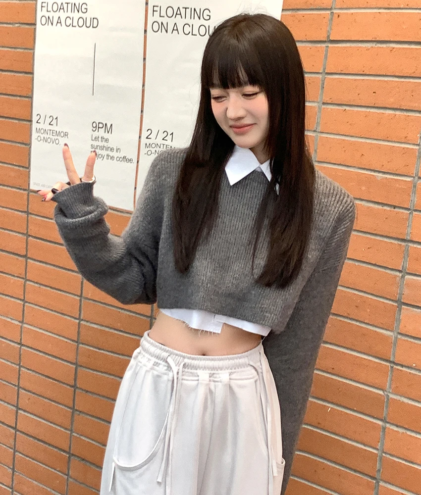 2024新慵懒风软糯短款长袖针织衫毛衣女露腰辣妹潮牌小众显瘦