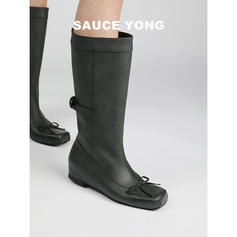 SauceYong 方头宽松蝴蝶结内增高芭蕾舞靴女平底显瘦坡跟高筒靴