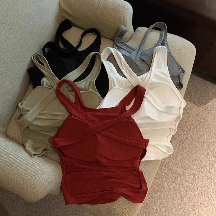 纯欲挂脖交叉吊带背心女内搭带胸垫露背甜辣修身显瘦打底上衣外穿