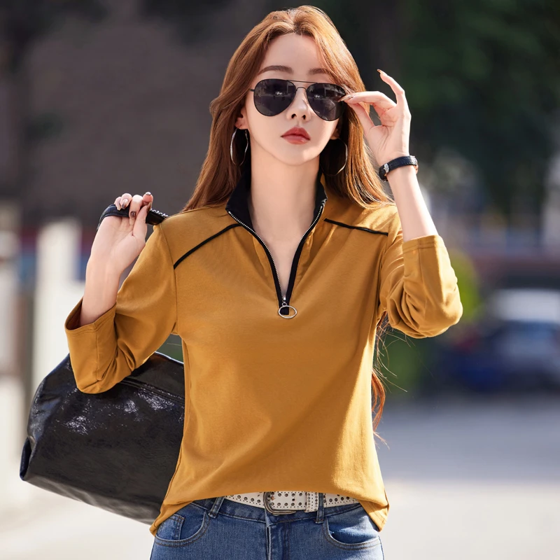 时尚立领长袖T恤拉链女修身上衣