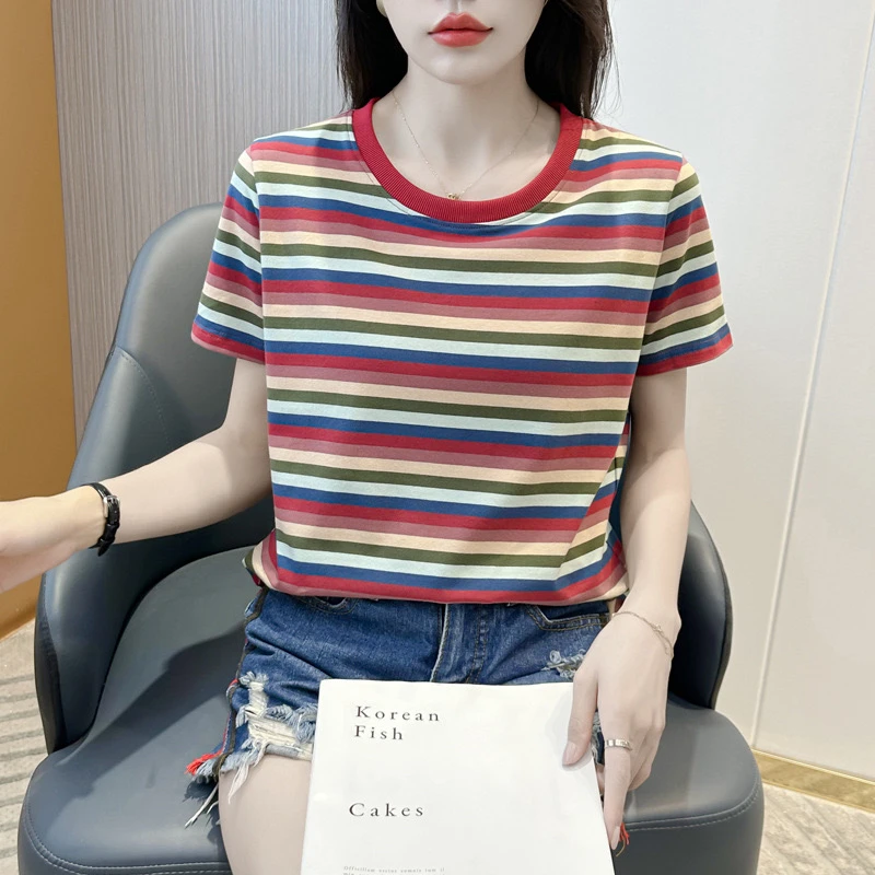 彩虹条圆领短袖撞色减龄条纹T恤洋气休闲百搭