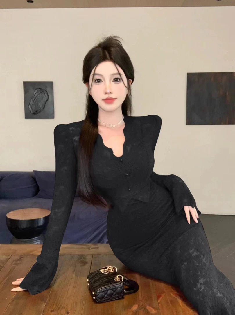 加绒修身法式打底女装高腰鱼尾包臀裙子气质开叉连衣裙性感秋冬