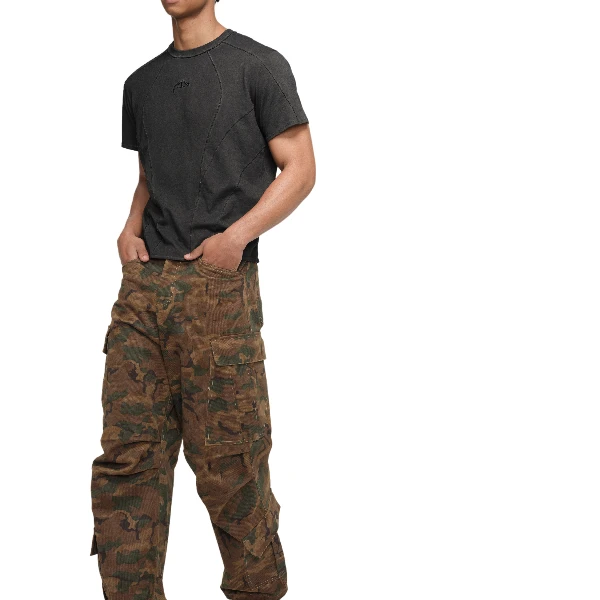 AaNn 立体剪裁多口袋阔腿宽松棕色迷彩水洗做旧工装裤cargo街头