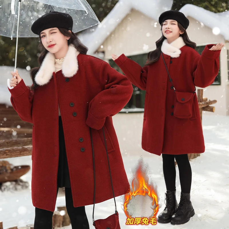 女童加绒呢大衣秋冬2024新款中大童年服儿童装冬季派克服毛呢外套