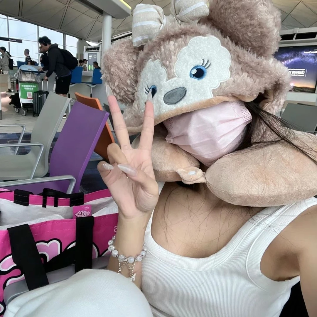 雪莉玫帽子U型枕可爱卡通连帽毛绒护颈办公室坐车午睡飞机旅行女