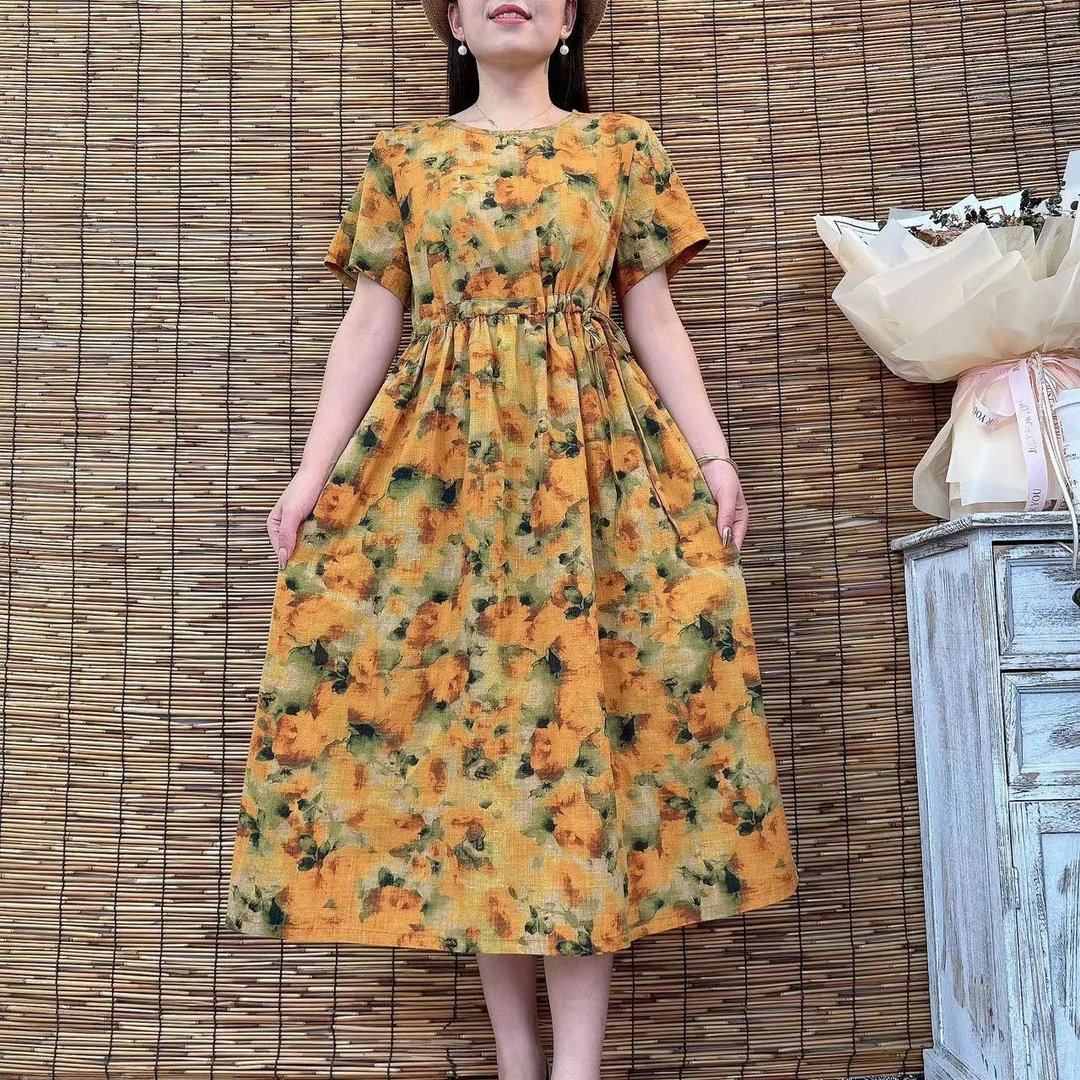 8671夏季新款暖阳花韵薄款腰间抽绳短袖大摆A字裙长裙子