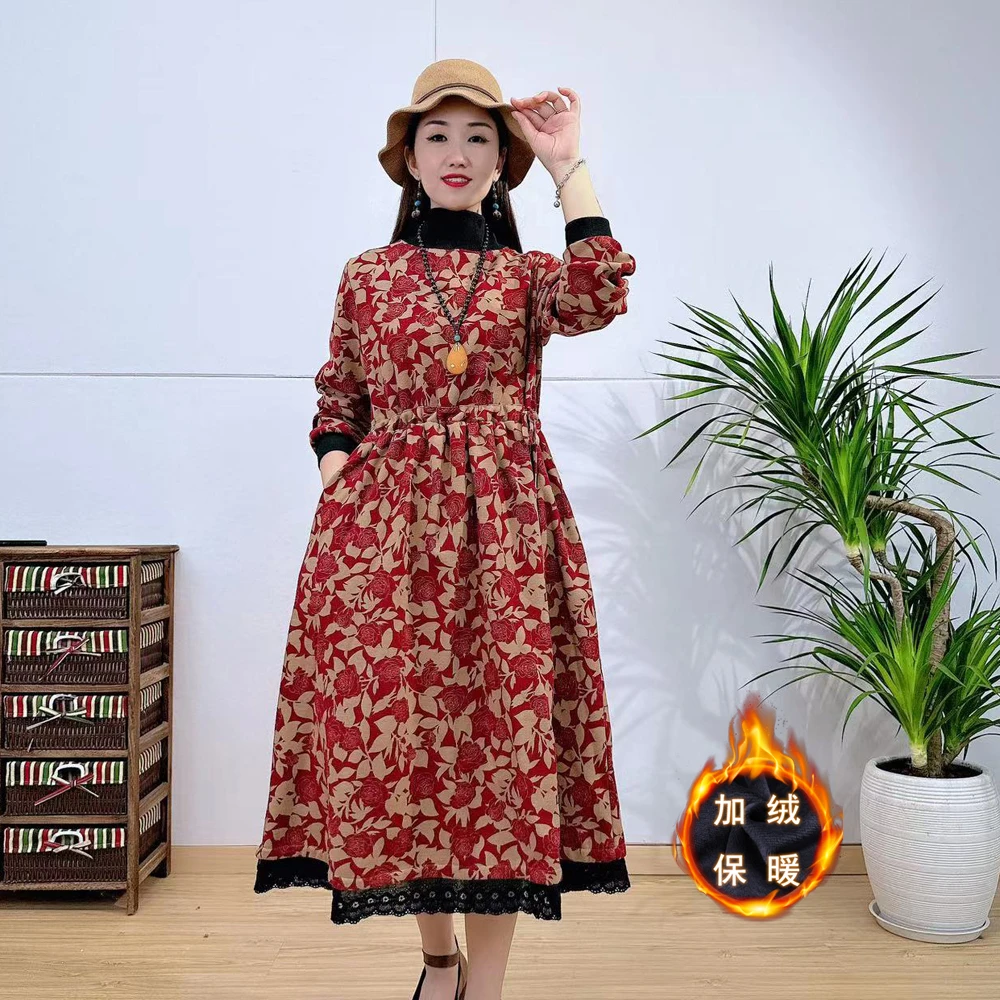 【慕朵恋原创】8213碎花显瘦新款立领套头加绒加厚A字版大摆连衣裙