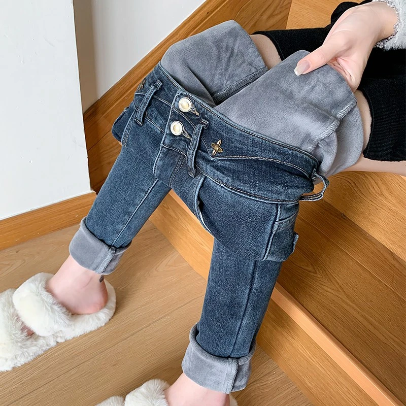 米诺狄加绒牛仔裤女秋冬季2023年新款高腰显瘦修身加厚紧身铅笔裤