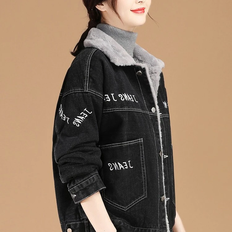 米诺狄2023新款爆款加绒加厚夹棉牛仔短外套女秋冬刺绣保暖夹克衫