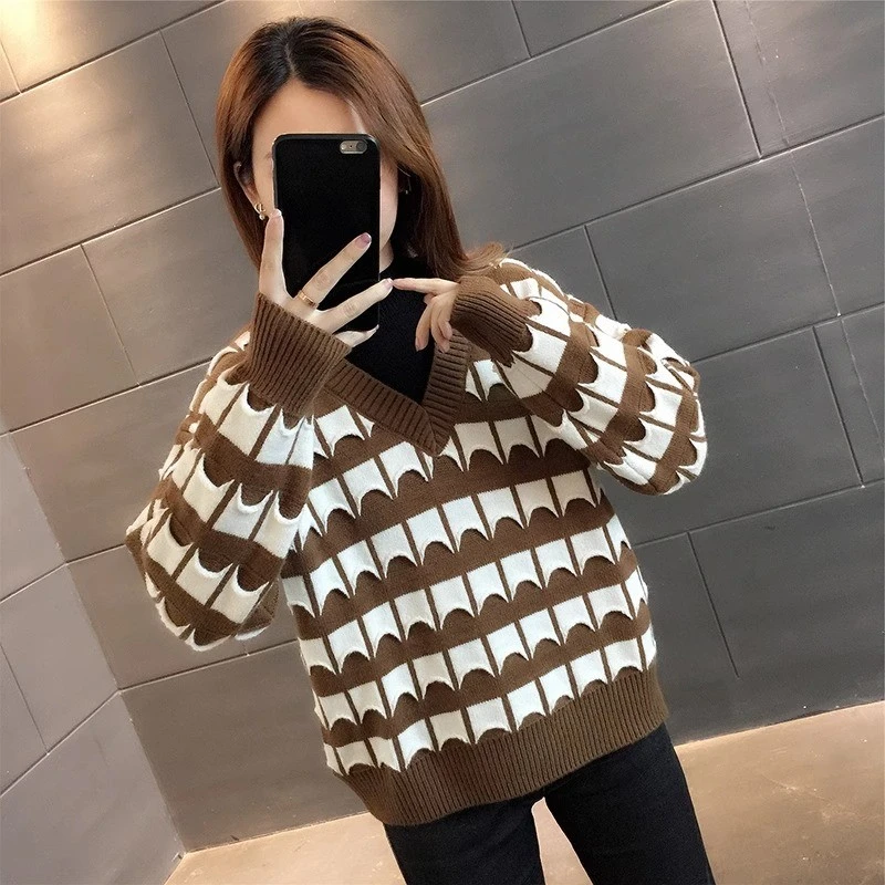 米诺狄假两件毛衣女2023新款时尚秋冬宽松外穿洋气加厚针织打底衫