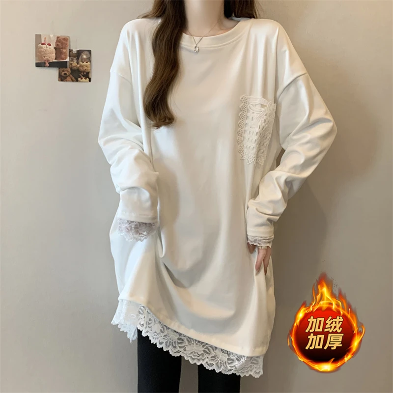 加绒加厚蕾丝中长款打底衫女秋冬大码微胖mm显瘦正肩长袖T恤上衣y