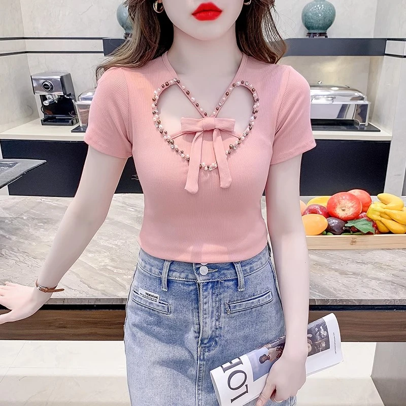 米诺狄短袖女夏季2024年新款漂亮t恤钉珠设计感小众独特别致上衣