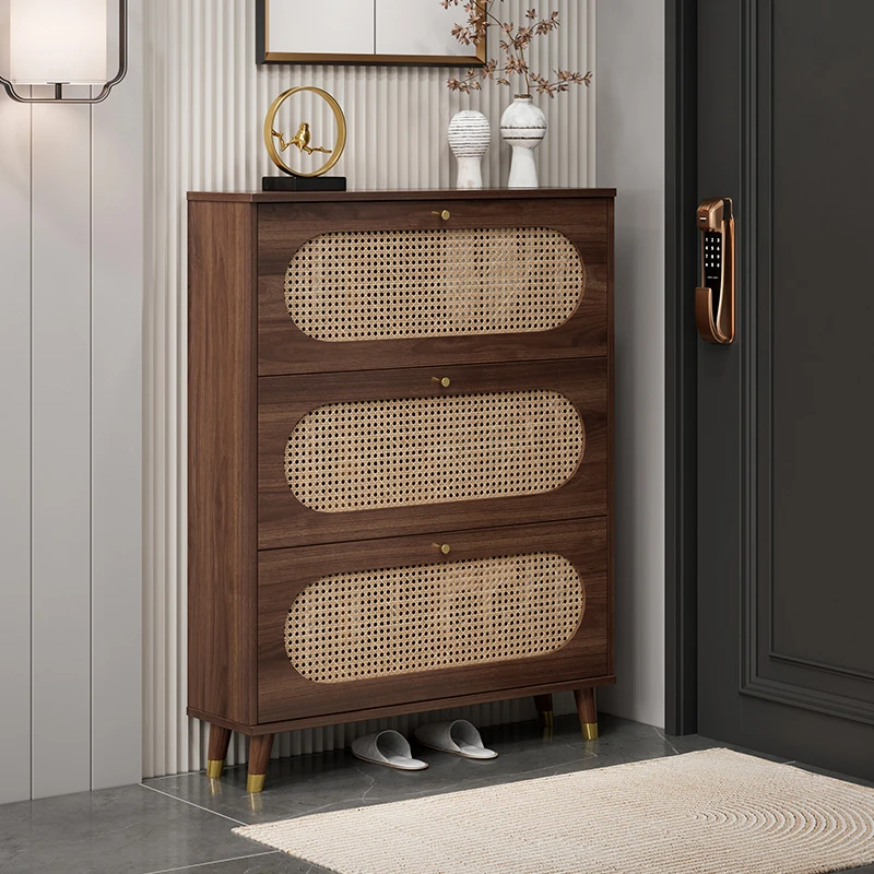 藤编实木鞋柜家用进门口玄关柜简约新中式超薄翻斗收纳阳台储物柜