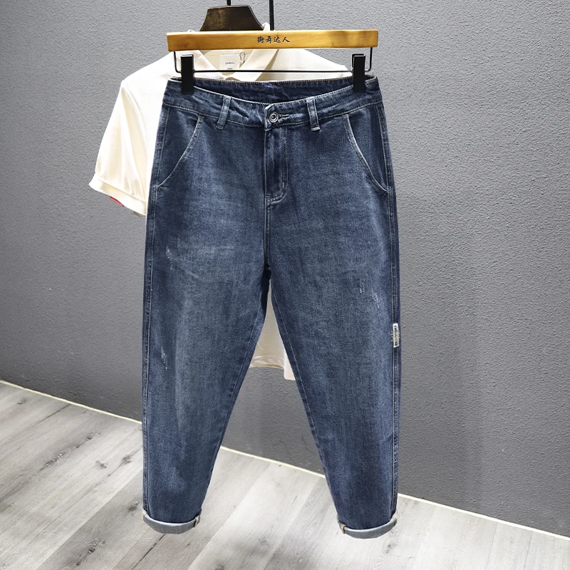 2023秋季新款个性刮烂百搭哈伦裤蓝色牛仔裤男宽松日系休闲九分裤