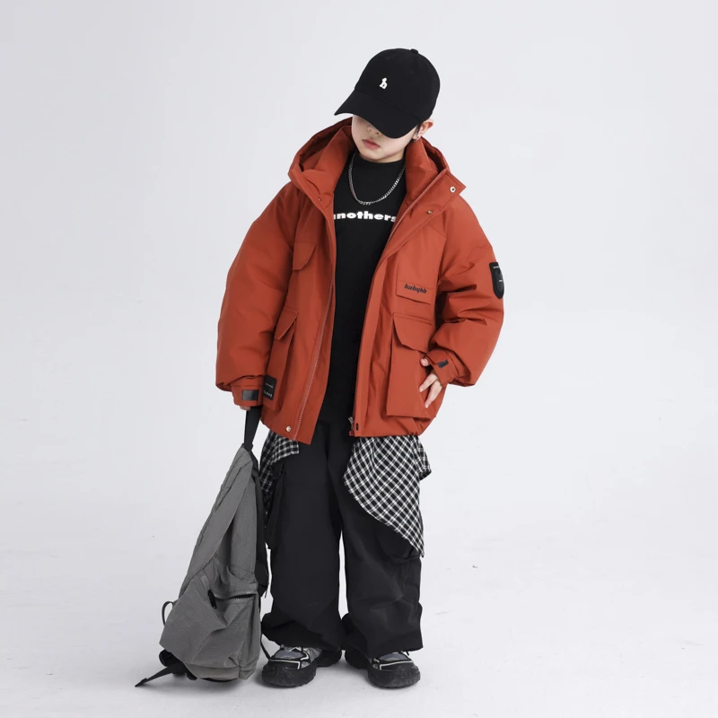 【现货现发】冬2024新款韩系儿童加厚羽绒服工装外套保暖防寒冲锋衣